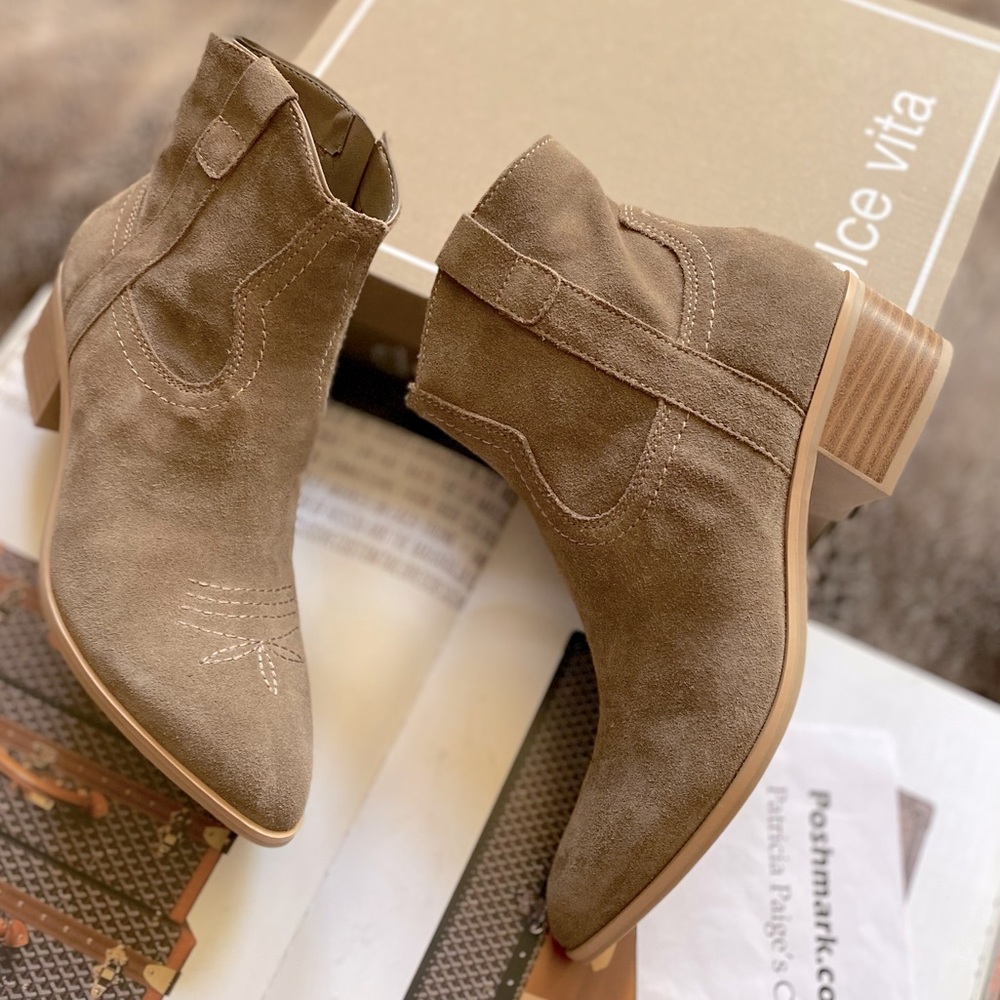 Dolce Vita Taupe Suede Western Ankle Booties